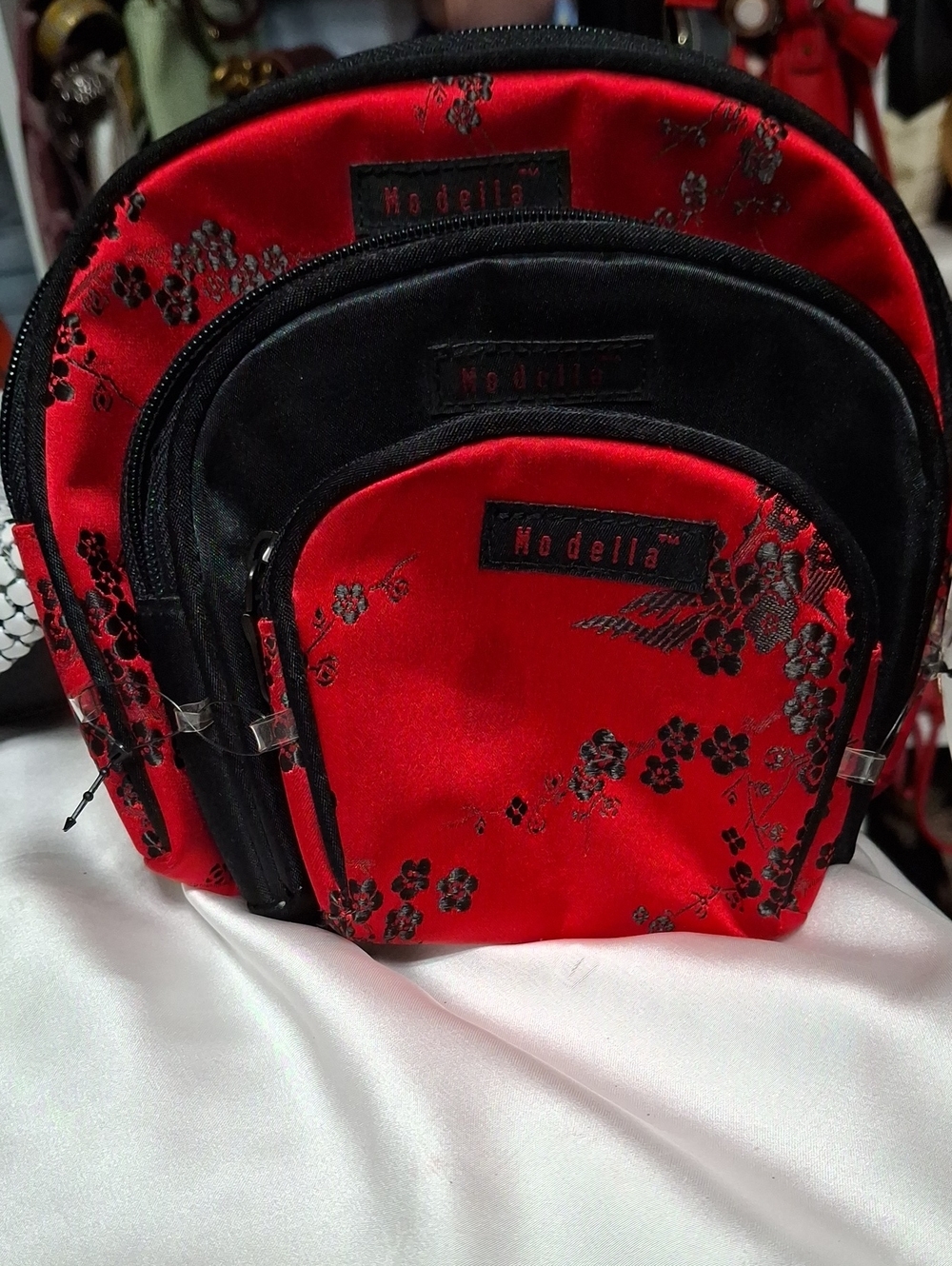 Modella Red and Black Floral Satin 3pc Cosmetics Bags. Nwt